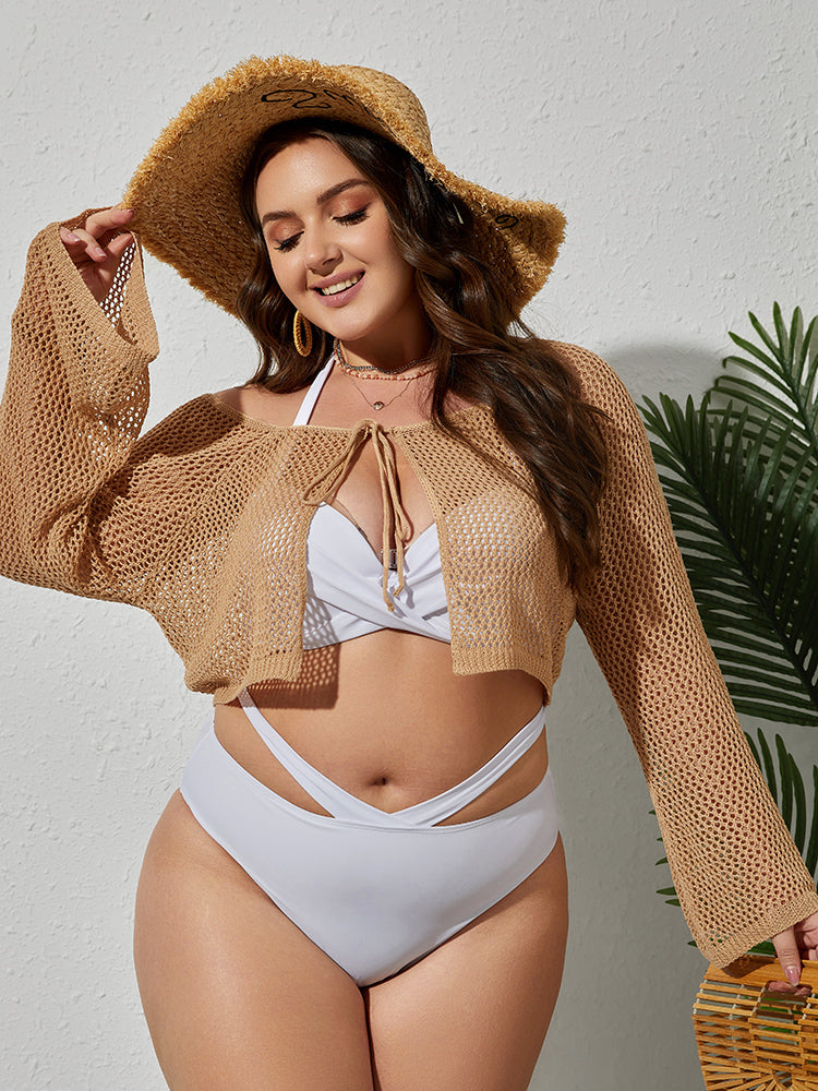 Plus Beige Tie Front Crochet Cover Up