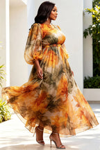 Xpluswear Design Plus Size Formal Orange Floral Round Neck Lantern Sleeve 3/4 Sleeve Pocket Organza Maxi Dresses [Pre-Order]