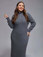 Plus Grey Band Collar Zipper Split Midi Knit Dress