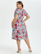 Floral & Leopard Print V-Neck Puff Sleeve Elastic Waist Midi Dress