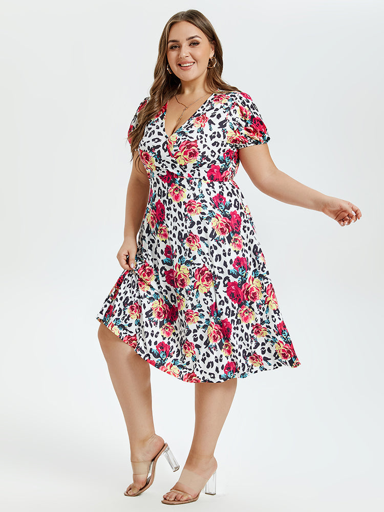Floral & Leopard Print V-Neck Puff Sleeve Elastic Waist Midi Dress