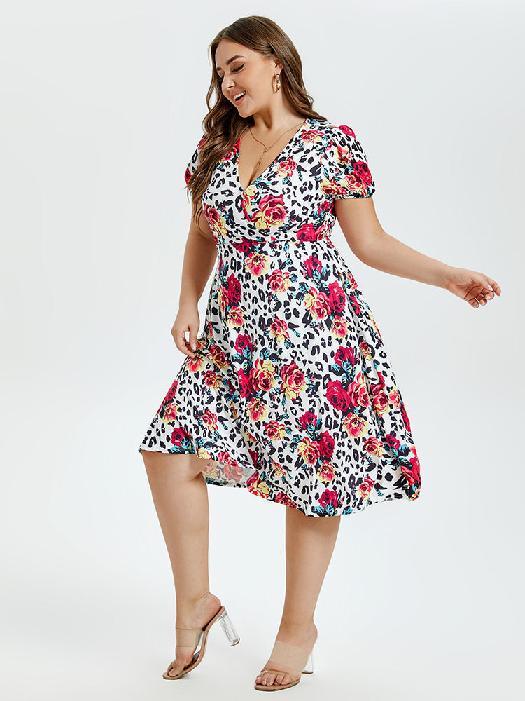 Floral & Leopard Print V-Neck Puff Sleeve Elastic Waist Midi Dress