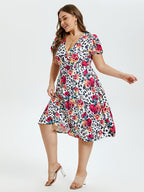 Floral & Leopard Print V-Neck Puff Sleeve Elastic Waist Midi Dress