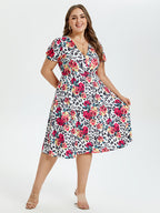 Floral & Leopard Print V-Neck Puff Sleeve Elastic Waist Midi Dress