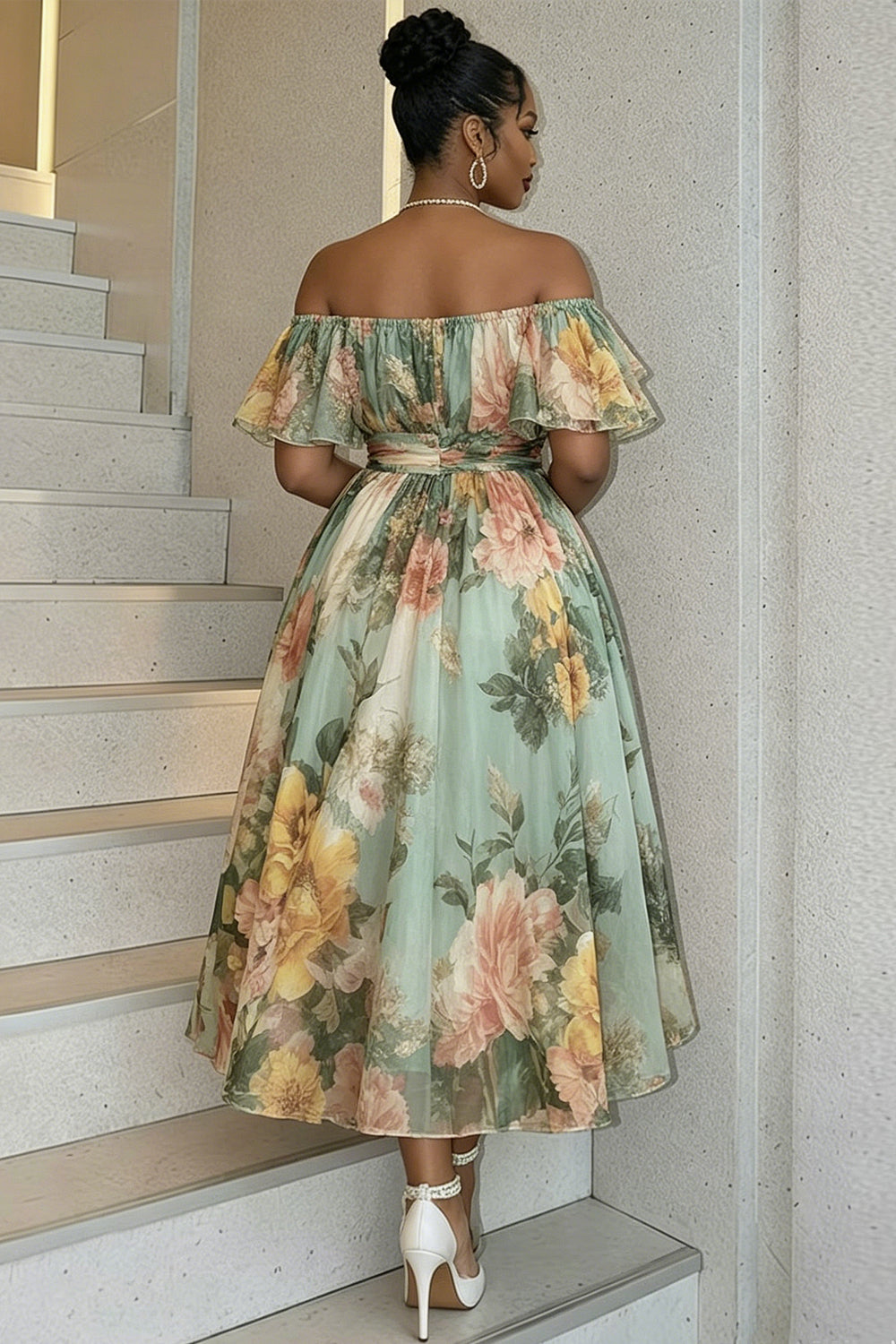Xpluswear Design Plus Size Cocktail Party Sage Green Floral Off The Shoulder Ruffle Chiffon Maxi Dresses