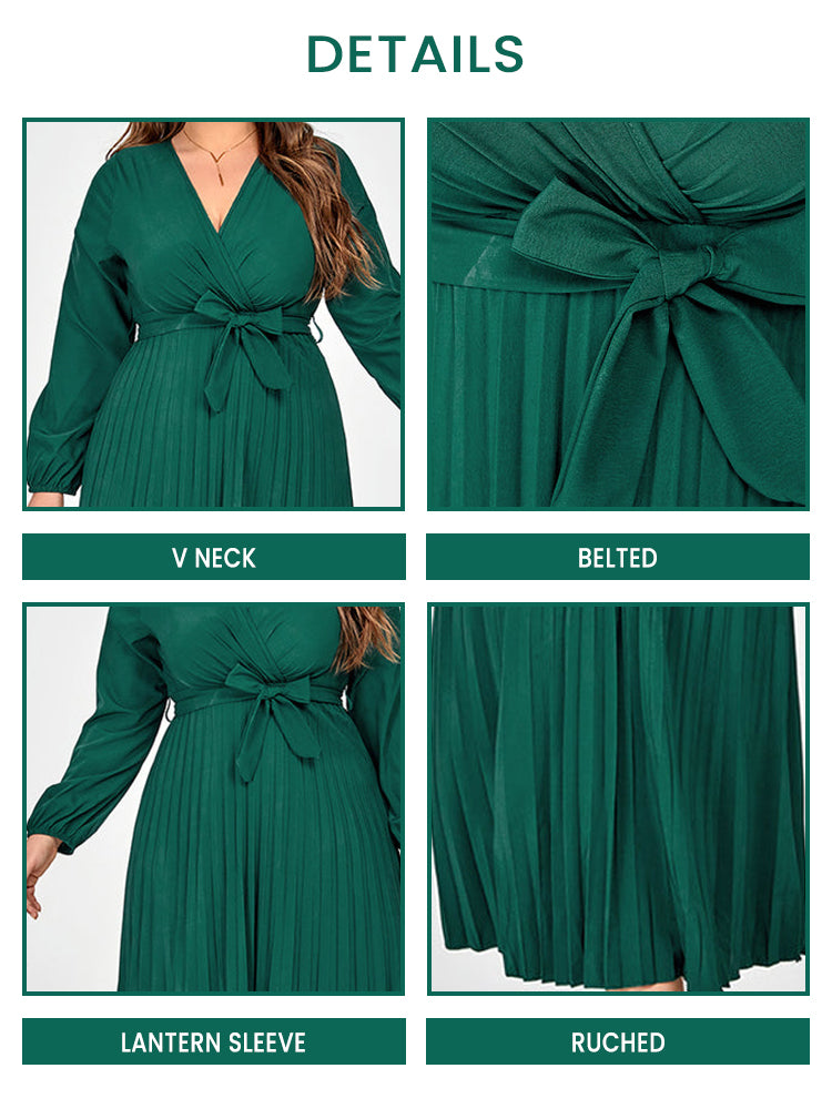 Plus V-Neck Belted Lantern Sleeve Maxi Dress