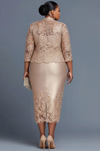 Xpluswear Design Plus Size Cocktail Party Lace Champagne Round Neck 3/4 Sleeve Contrast Bodycon Satin Two Piece Dress Sets