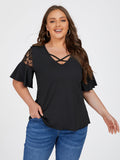 Cut Out Lace Patchwork Sleeve Tee
