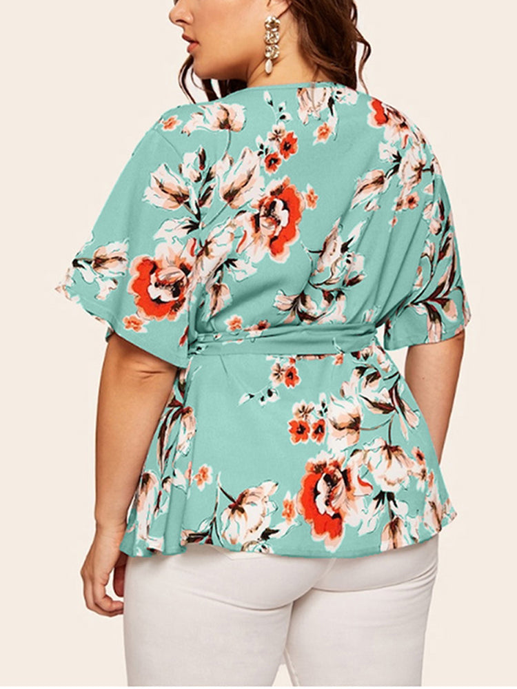 Plus Floral Ruffle Warp Babydoll Blouse