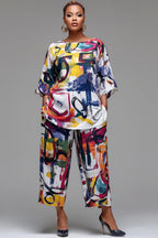 Xpluswear Design Plus Size Vacation Multicolor All Over Print Round Neck Flare 3/4 Sleeve Pocket Two Piece Pant Sets