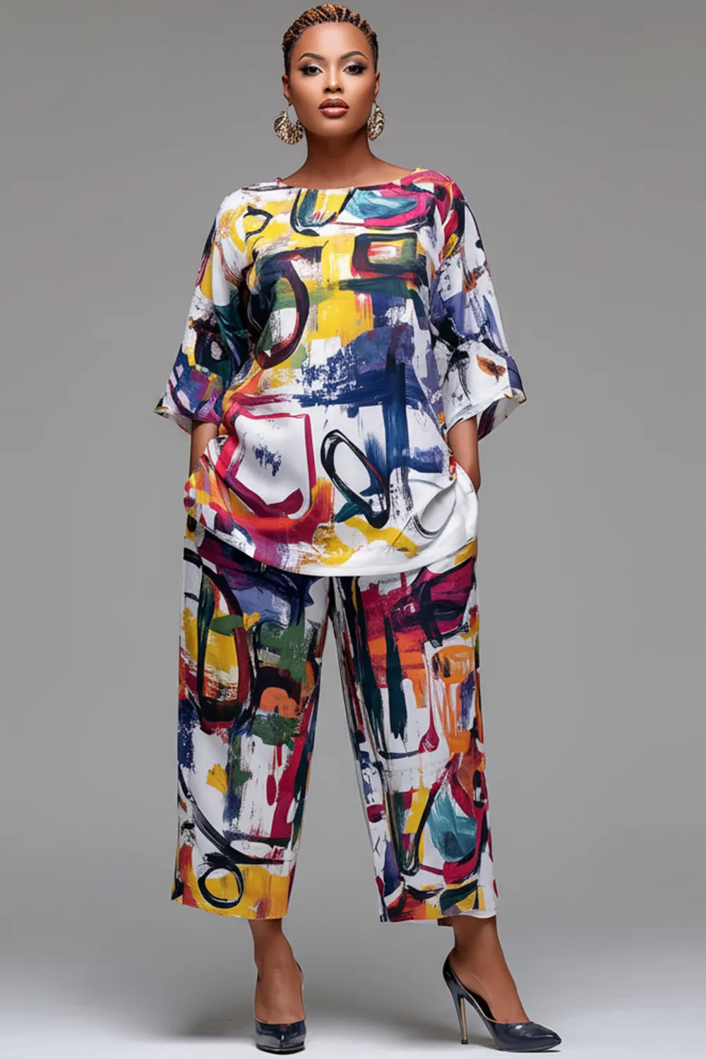 Xpluswear Design Plus Size Vacation Multicolor All Over Print Round Neck Flare 3/4 Sleeve Pocket Two Piece Pant Sets