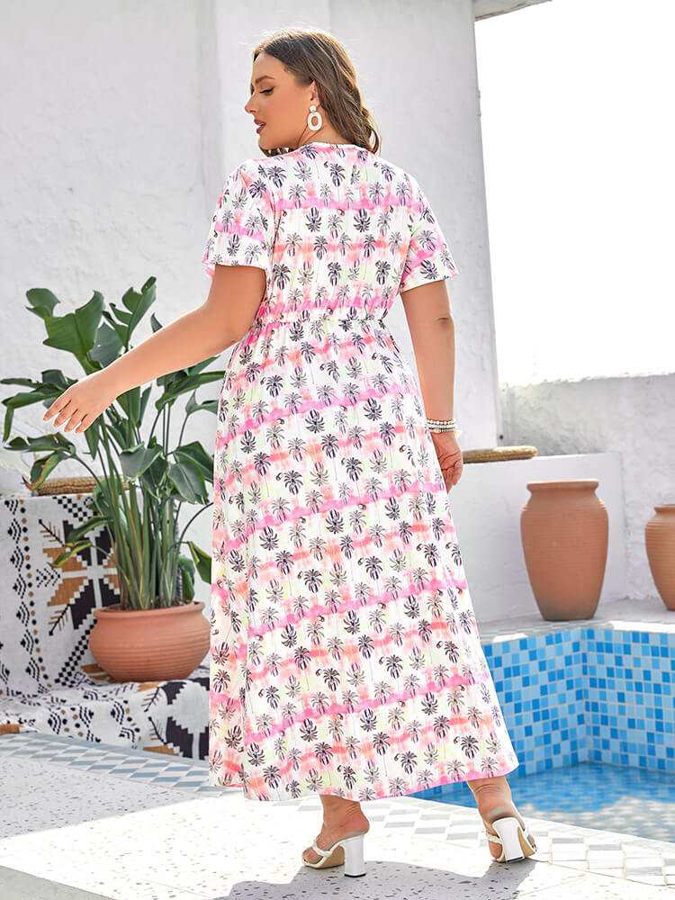 Plus Pink Tropical Print Crisscross Ruffle Sleeve Maxi Dress
