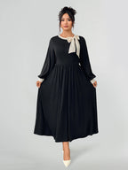 Round Neck Bow Detail Pleated Dress