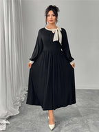 Round Neck Bow Detail Pleated Dress