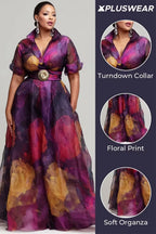 Xpluswear Design Plus Size Formal Purple Floral Short Sleeve Pocket Organza Maxi Dresses