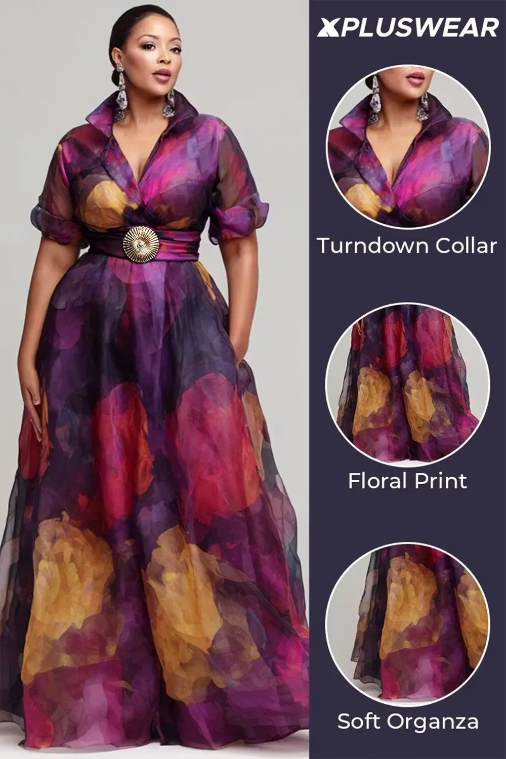 Xpluswear Design Plus Size Formal Purple Floral Short Sleeve Pocket Organza Maxi Dresses