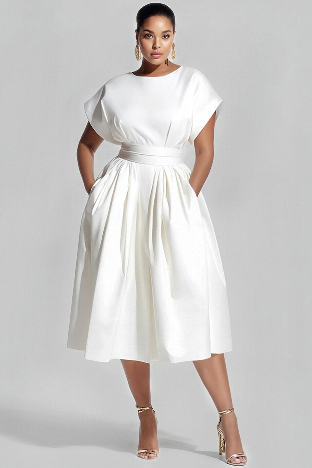 Xpluswear Design Plus Size Daily White Round Neck Short Sleeve Pocket Midi Dresses