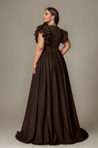 Curveins Plus Size V-Neck Ruffle Sleeve Split A-Line Maxi Dress