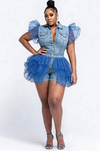 Xpluswear Design Plus Size Party Light Blue Shirt Collar Short Sleeve Contrast Ruffle Denim Rompers