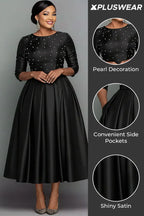 Xpluswear Design Plus Size Formal Black Round Neck Long Sleeve Pearls Elegant Pocket Satin Midi Dresses