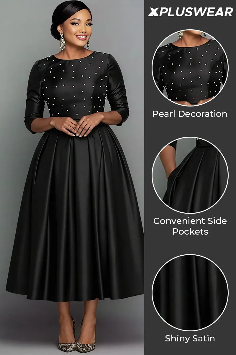 Xpluswear Design Plus Size Formal Black Round Neck Long Sleeve Pearls Elegant Pocket Satin Midi Dresses