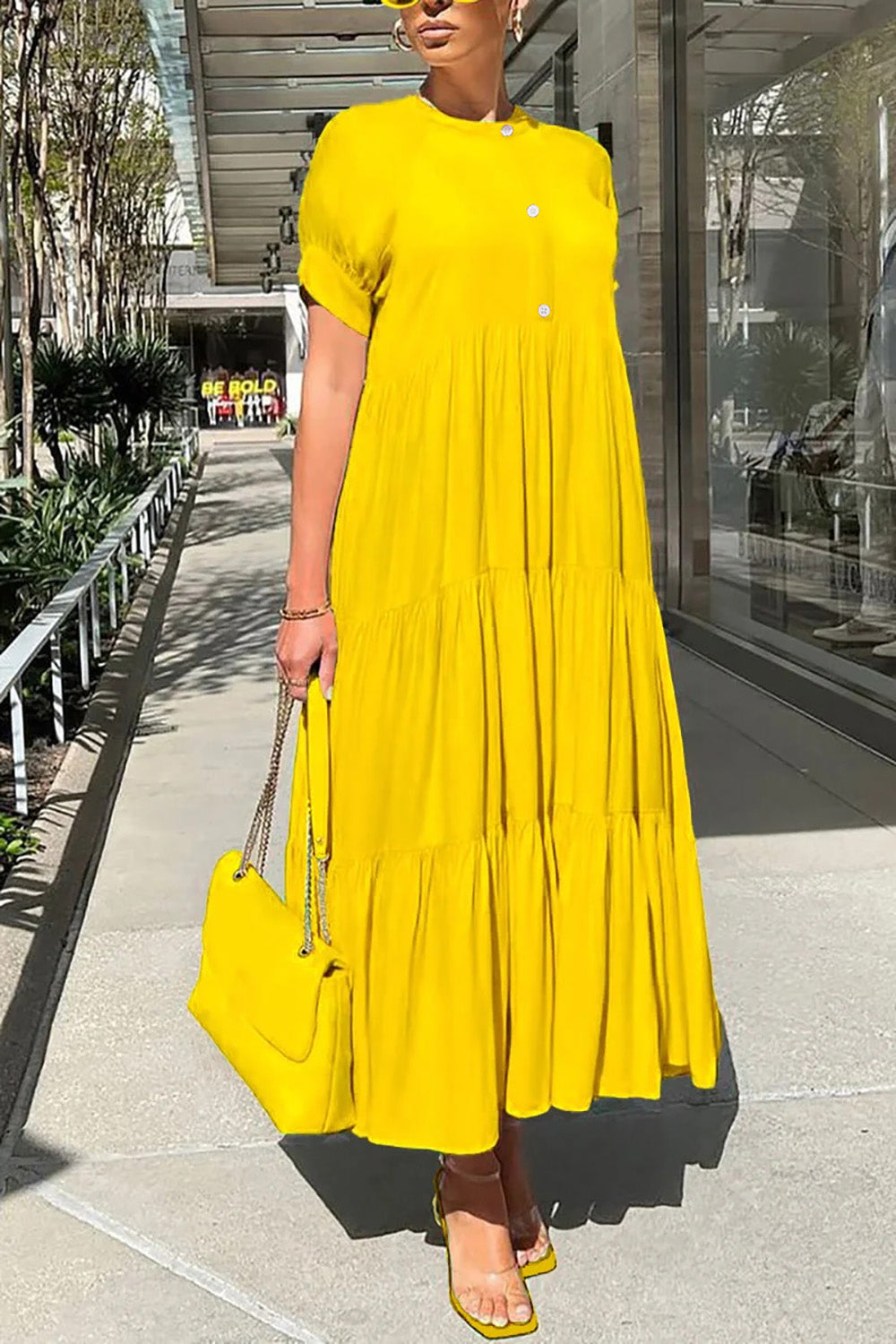Xpluswear Plus Size Vacation Hot Pink Round Neck Short Sleeve Ruffle Maxi Dress