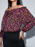 Plus Off Shoulder Frill Trim Leopard Blouse
