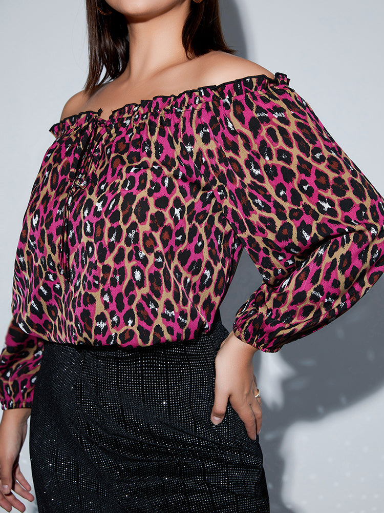 Plus Off Shoulder Frill Trim Leopard Blouse