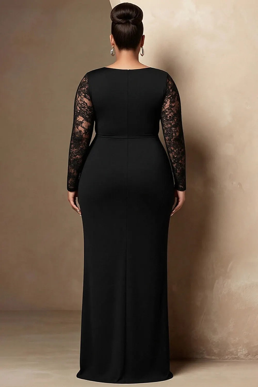 Xpluswear Design Plus Size Formal Black Round Neck Long Sleeve Contrast See Through Lace Maxi Dresses