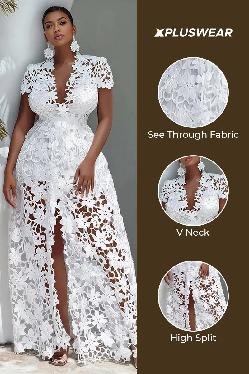 Xpluswear Design Plus Size Vacation White V Neck Short Sleeve Split See Through Maxi Dresses