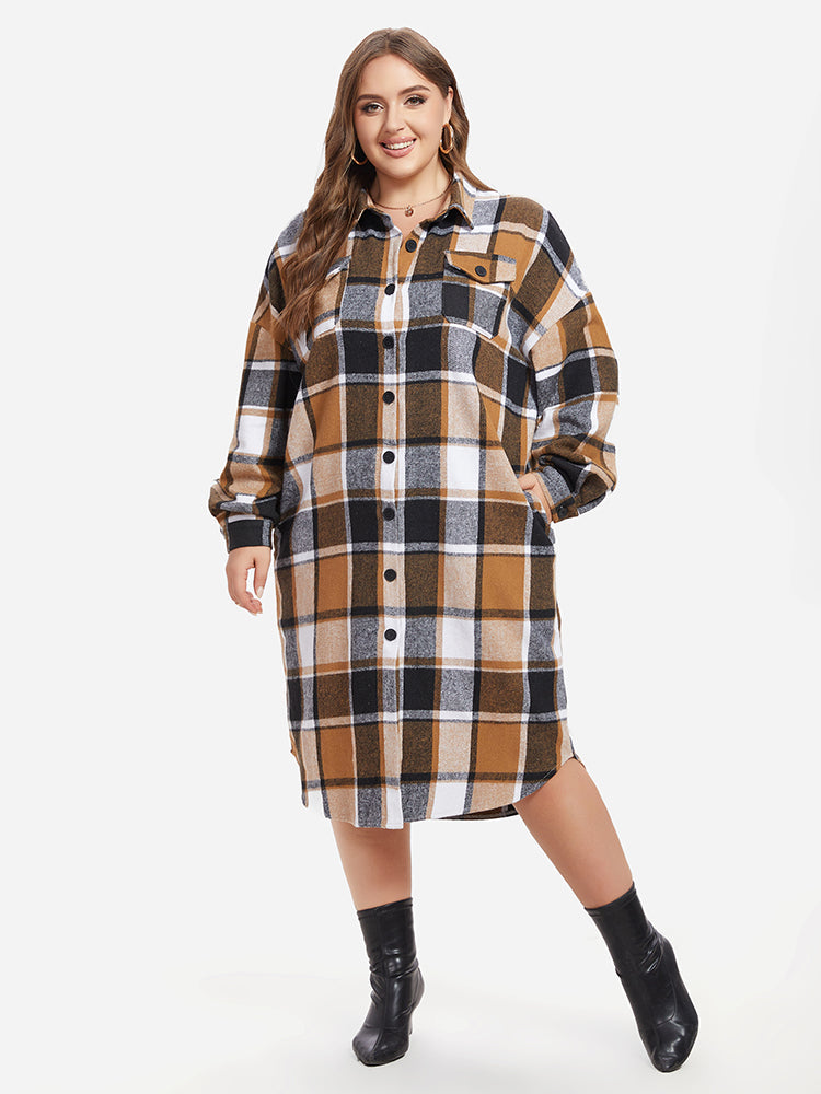 Plaid Print Drop Shoulder Flap Pocket Coat