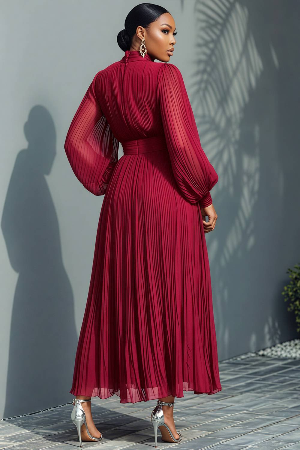 Xpluswear Design Plus Size Churchs Navy Blue Mock Neck Lantern Sleeve Long Sleeve See Through Elegant Ruffled Midi Dresses