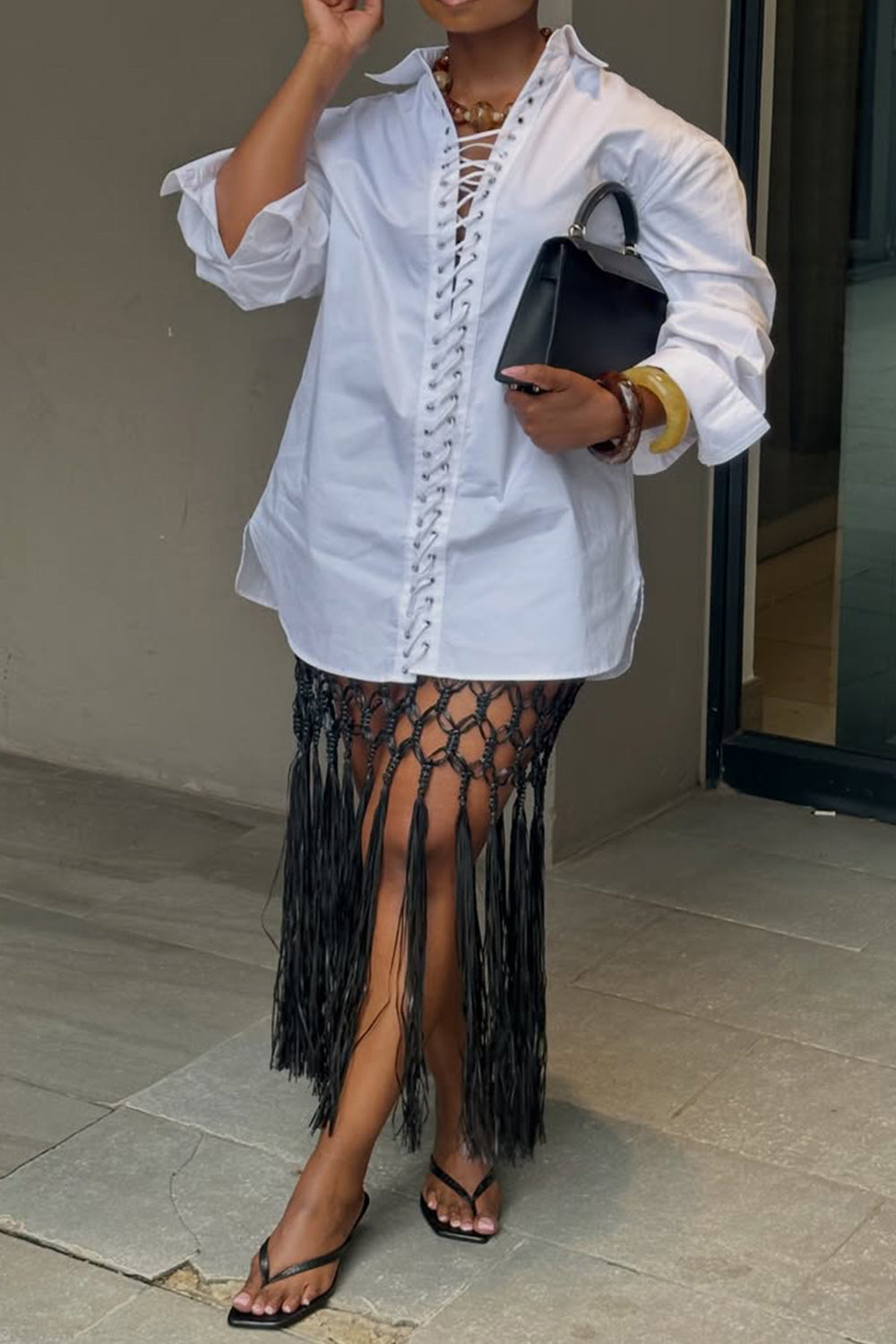 Plus Size Business Casual White Shirt Collar Long Sleeve Lace Up Blouses