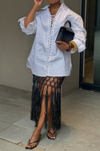 Plus Size Business Casual White Shirt Collar Long Sleeve Lace Up Blouses