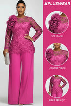 Xpluswear Design Plus Size Mother Of The Bride Chiffon Hot Pink Round Neck Long Sleeve 3D See Through Lace Two Piece Pant Suits