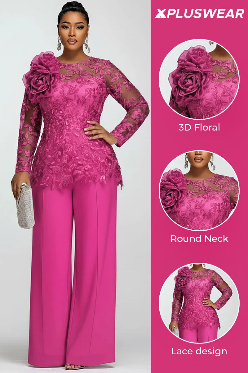 Xpluswear Design Plus Size Mother Of The Bride Chiffon Hot Pink Round Neck Long Sleeve 3D See Through Lace Two Piece Pant Suits