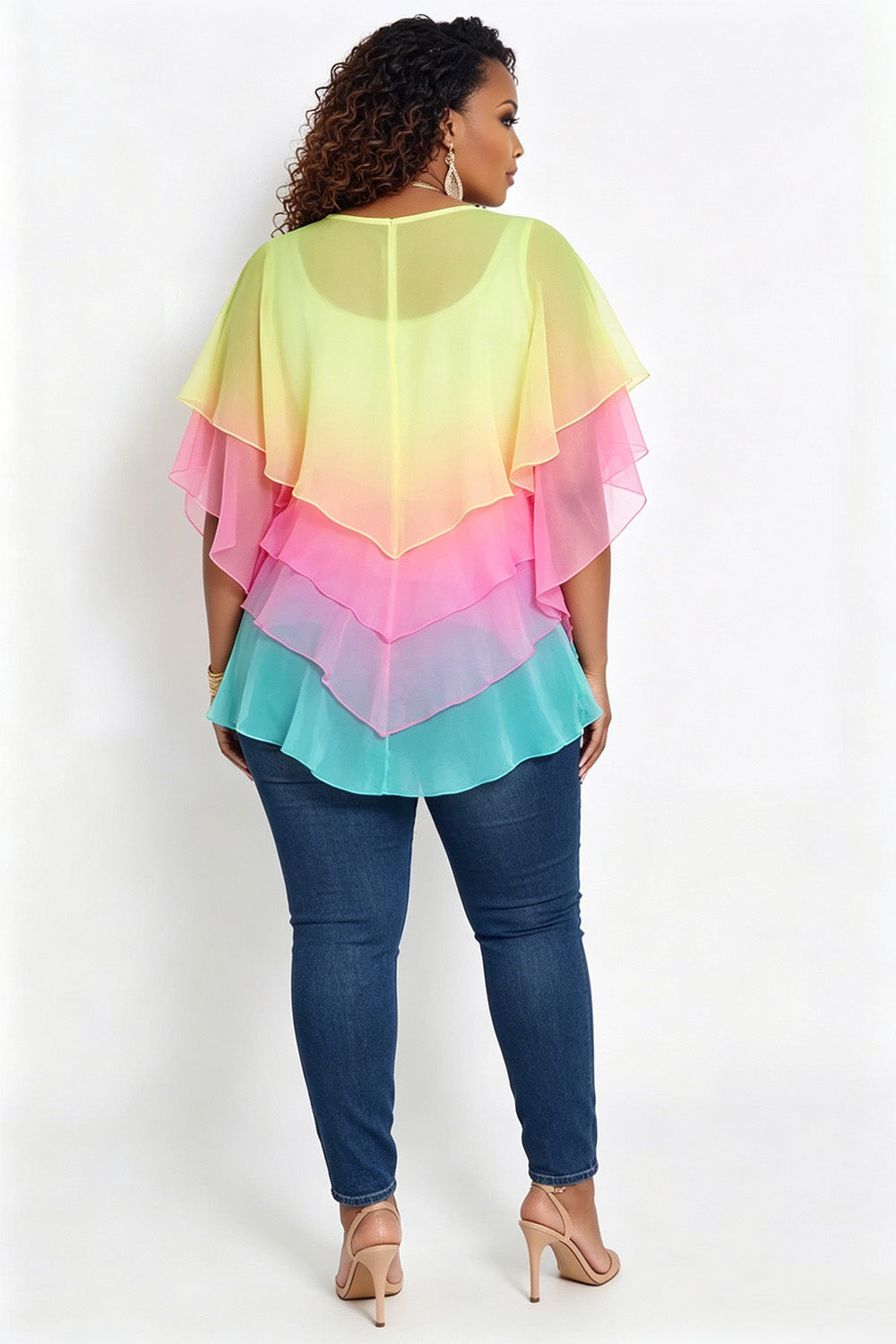 Xpluswear Design Plus Size Vacation Rainbow Colorblock V Neck Short Sleeve Ruffle Tiered Chiffon Blouses