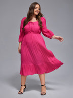 Plus Square Neck Puff Sleeves Shirred Midi Dress