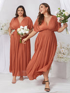 VIP V-Neck Batwing Sleeve Pocket Ruched Waist Maxi Dress