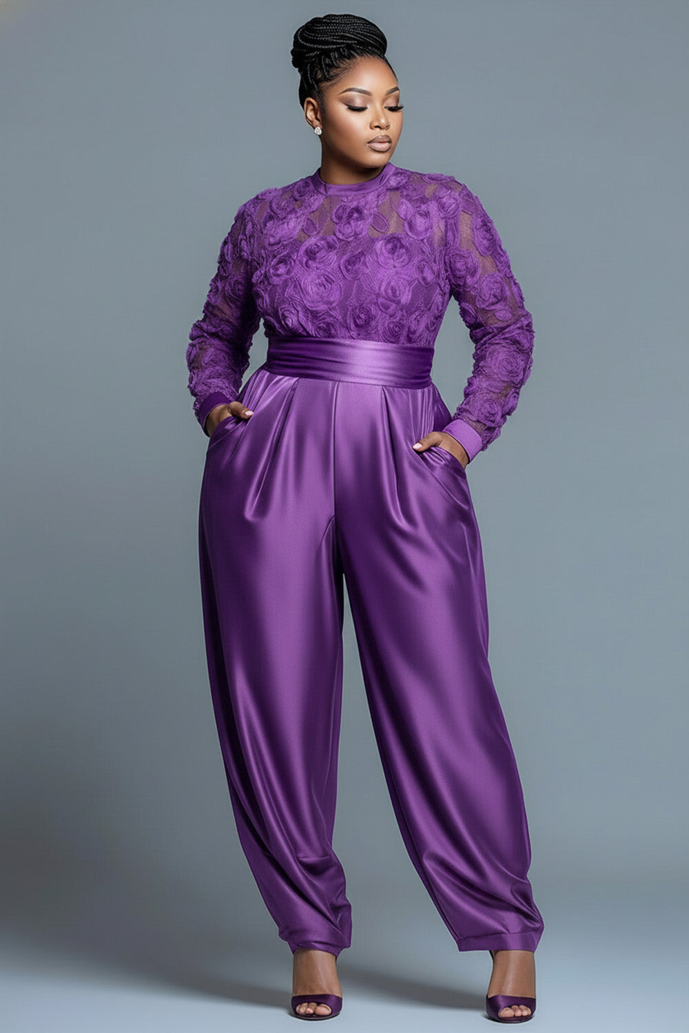 Xpluswear Design Plus Size Formal Purple Round Neck Long Sleeve Elegant See Through Satin Jumpsuits