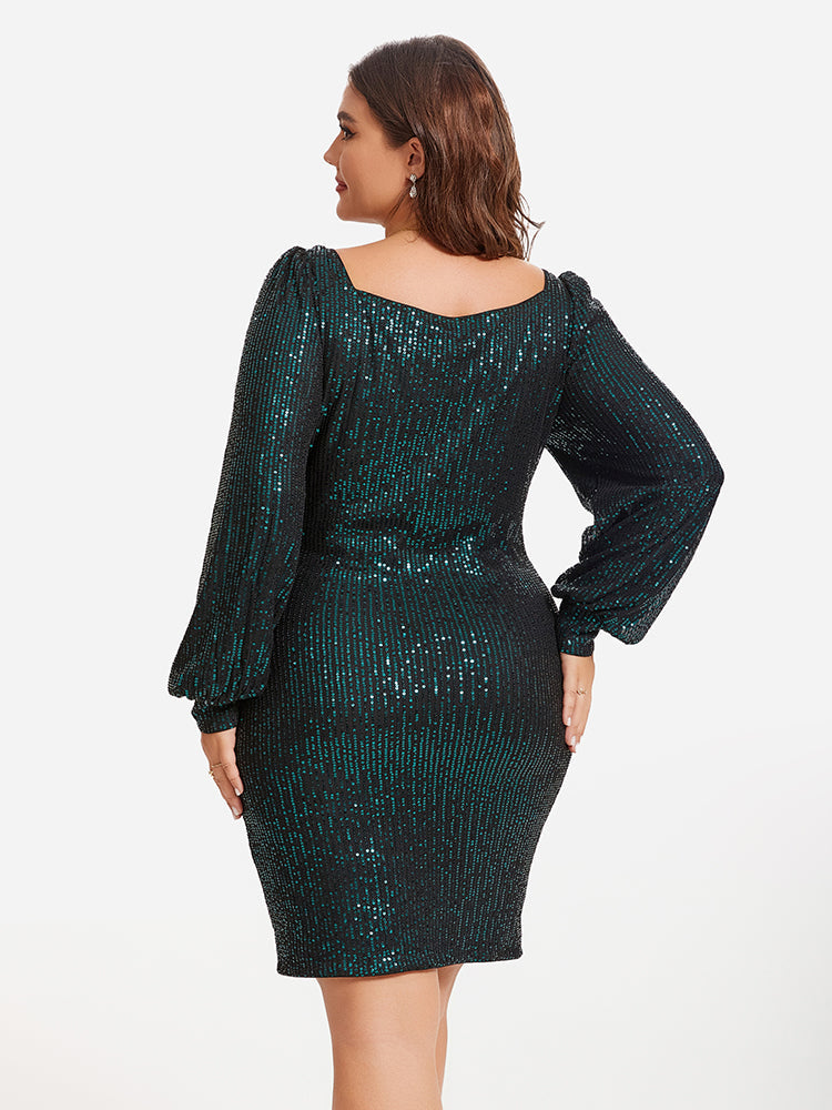Square Neck Puff Sleeve Sequin Dress