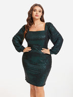 Square Neck Puff Sleeve Sequin Dress