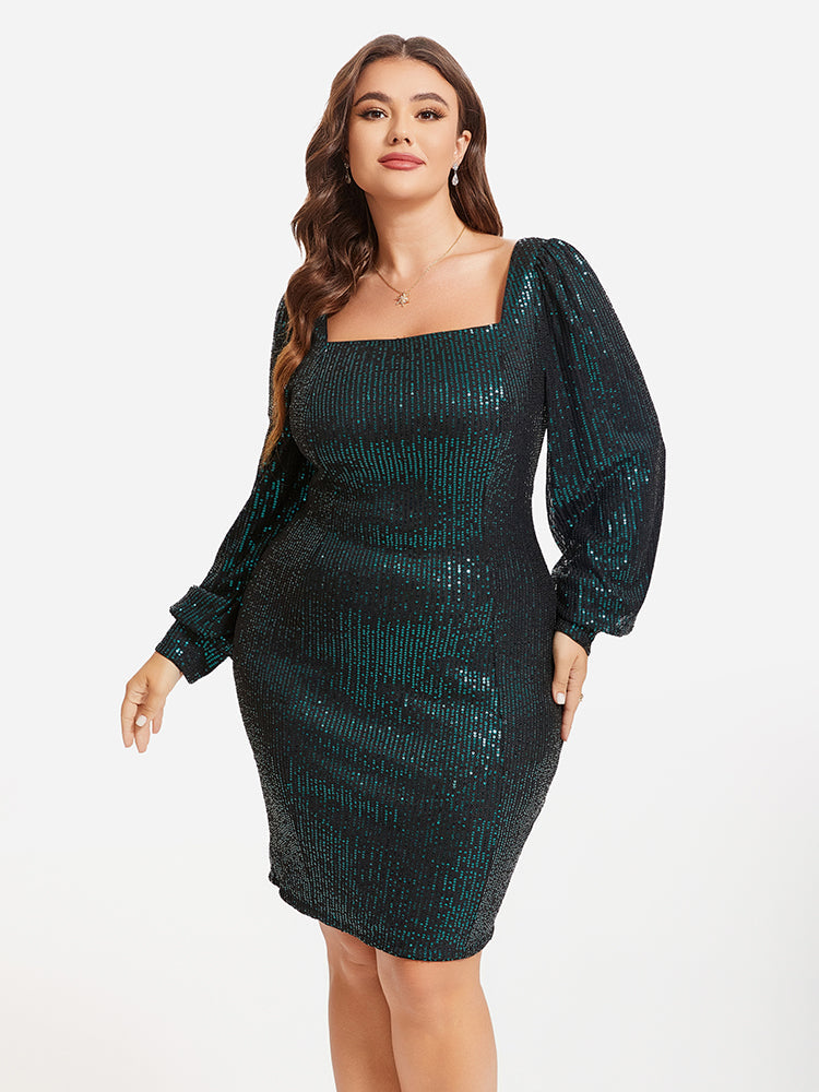 Square Neck Puff Sleeve Sequin Dress