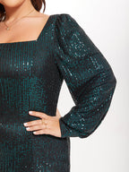 Square Neck Puff Sleeve Sequin Dress