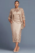 Xpluswear Design Plus Size Cocktail Party Lace Champagne Round Neck 3/4 Sleeve Contrast Bodycon Satin Two Piece Dress Sets