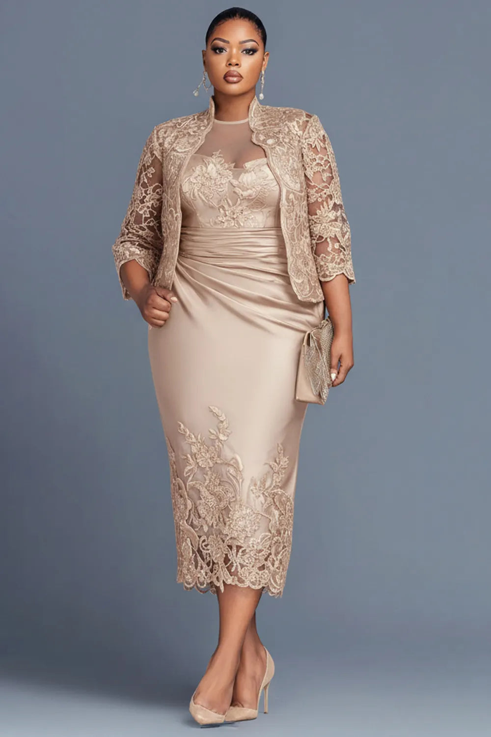 Xpluswear Design Plus Size Cocktail Party Lace Champagne Round Neck 3/4 Sleeve Contrast Bodycon Satin Two Piece Dress Sets