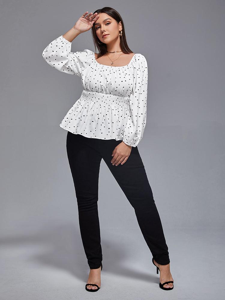 Plus Heart Print Square Neck Shirred Blouse