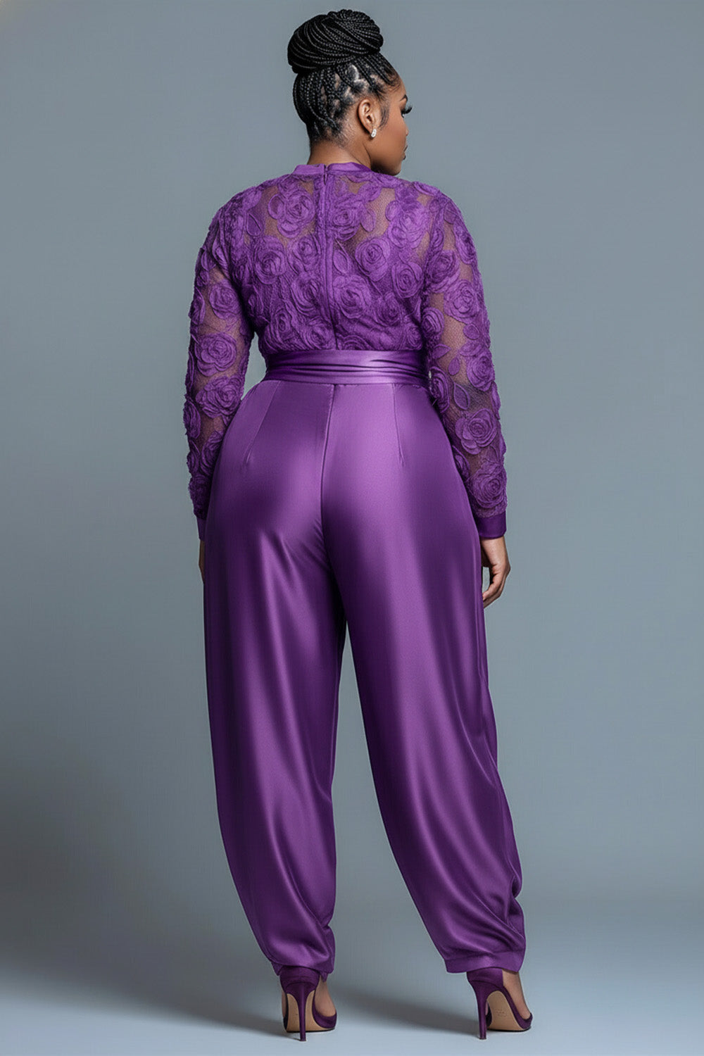 Xpluswear Design Plus Size Formal Purple Round Neck Long Sleeve Elegant See Through Satin Jumpsuits