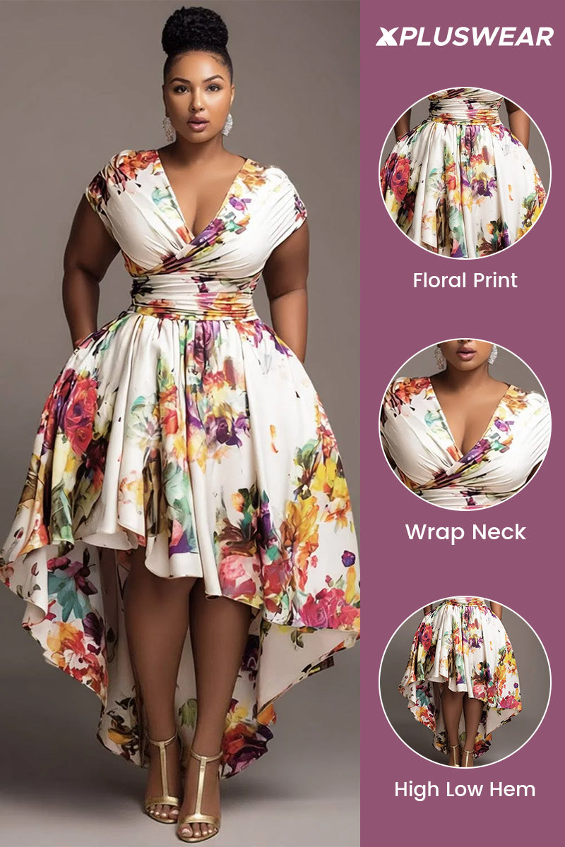 Xpluswear Design Plus Size Wedding Guest White Floral Wrap Neck High Low Hem Pocket Midi Dresses
