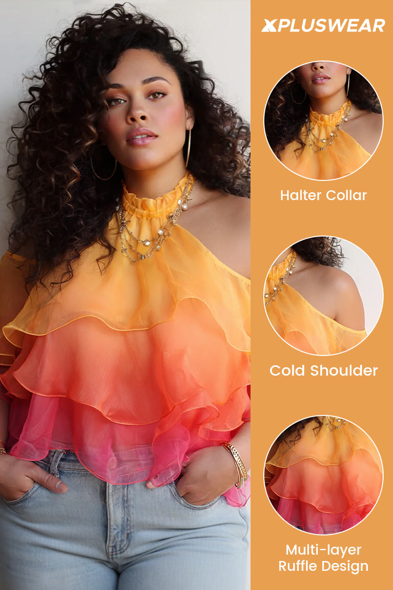 Xpluswear Design Plus Size Vacation Multicolor Gradient Halter Collar Cold Shoulder Short Sleeve Ruffle Tiered Organza Tops